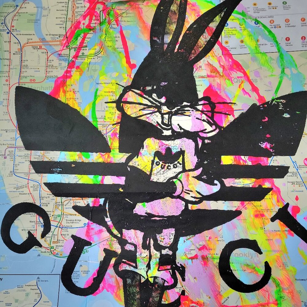 Handpainted Bugs Bunny Gucci Acrylic Luxury Pop Art on NYC Subway Map Wall Decor - Picture 4 of 5